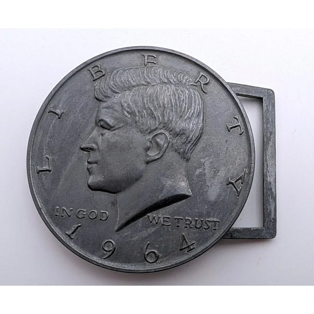 Vintage 1964 JFK Half Dollar Coin Belt Buckle Silver Tone Metal Round 3 Inch
